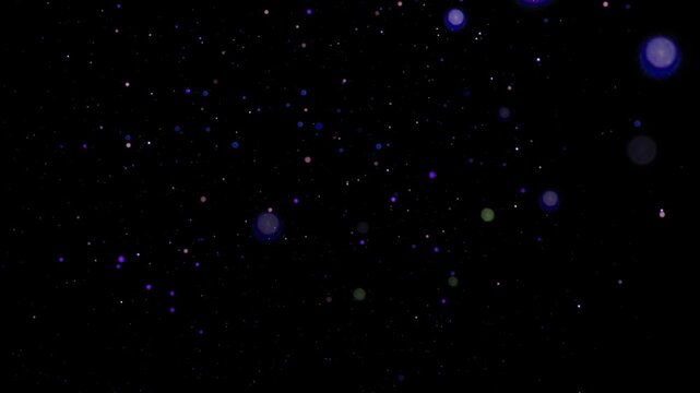 Vibrant purple and blue bokeh spheres scatter across a vast black void, creating a dynamic, sparkling background that evokes a sense of mystery and cosmic wonder.