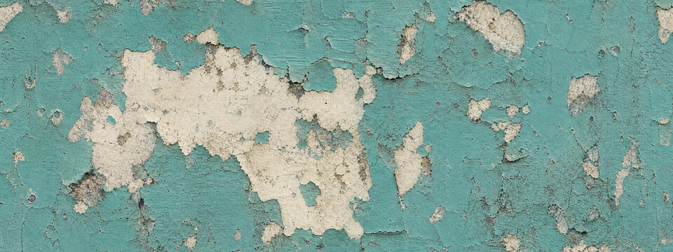 Vintage peeling paint texture, distressed turquoise wall surface, weathered teal concrete background with cracked layers