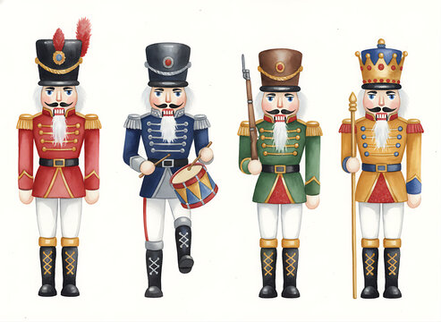 Watercolor classic nutcracker toy soldiers set illustration isolated on white background