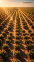 Fototapeta premium Rows of young trees stretch across a vast field during golden hour sunlight. Cultivated plantation creates a peaceful, scenic agricultural landscape under a warm sky.