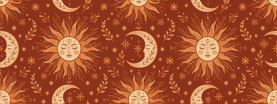 Bohemian celestial sun and moon pattern, mystical terracotta astrology background, vintage esoteric solar and lunar wallpaper