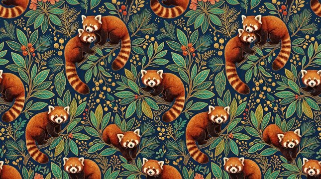 Nepal patterns red pandas amidst lush green botanical foliage and himalayan forest plants in repeating fabric design with nepalese