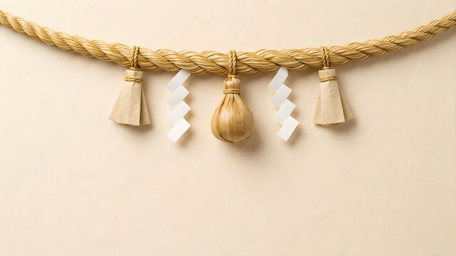 Traditional Shimenawa Straw Rope Decoration with Paper Zigzag Shide on Textured Background