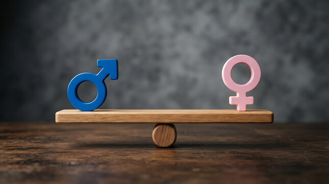 Blue and pink gender symbols balanced on a wooden seesaw