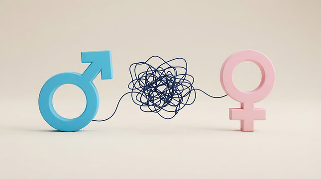 Blue male and pink female gender symbols connected by a tangled line
