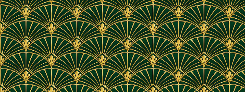 Art Deco seamless pattern with gold fan motifs, emerald green vintage wallpaper texture, luxury geometric background for elegant branding