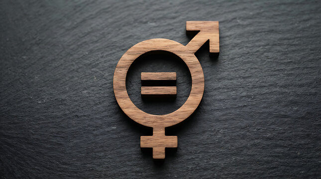 Wooden gender equality symbol resting on a dark slate background