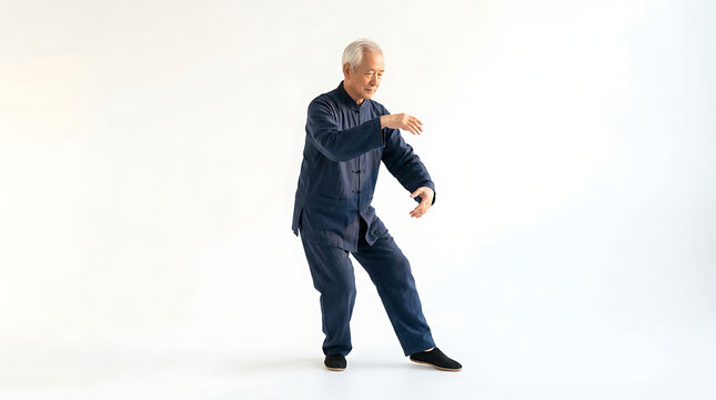 Elderly Asian man in traditional blue uniform performing Tai Chi movements with graceful posture and focused expression PNG Isolated on transparent background