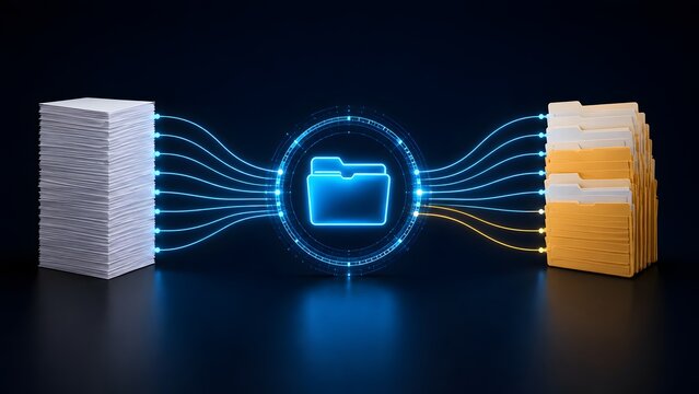 Physical paper documents transforming into digital files through a glowing network folder node representing automated electronic archiving and business digital transformation