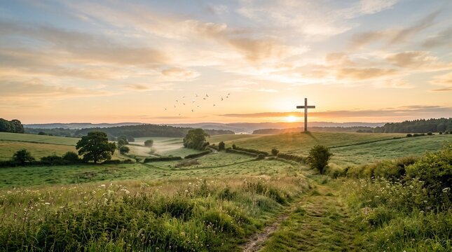Cruz de madeira em paisagem rural ao nascer do sol