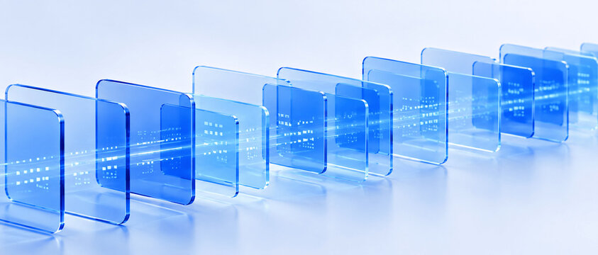 Abstract tech banner with overlapping blue glass tiles row, IT concept highlighting data block sequencing and digital order, 3D rendering
