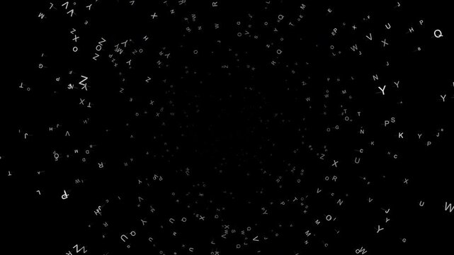 Abstract 4K animation featuring alphabet letters flying outward through a dark warp tunnel from a central vanishing point. Ideal for typography, education, communication, technology, digital media.