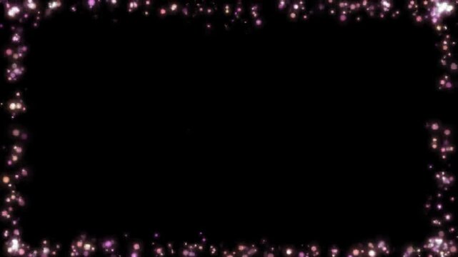 Sparkling frame composed of numerous small, glowing pink and purple particles, forming a decorative border around a solid black background with significant copy space.