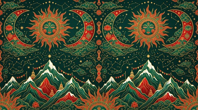 Nepal patterns with nepalese himalayan mountain traditional heritage geometric botanical rhododendron ornament architecture