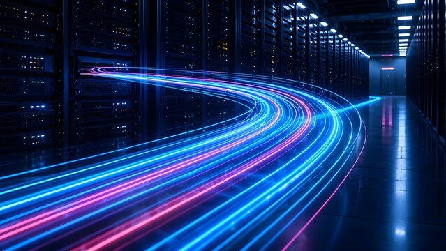Dynamic neon light trails emerging from server racks illustrating high speed data processing and digital network flow.
