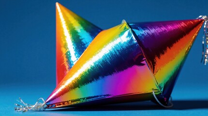 Naklejka premium Colorful rainbow party hat leans on bright blue background. Shiny metallic cone decoration with holographic texture for festive celebration. Bright paper accessory for birthday party, carnival event