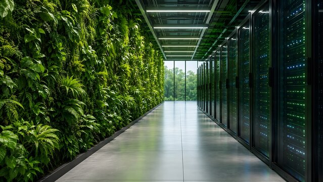 Sustainable green data center interior featuring modern network server racks alongside a lush vertical garden wall for eco friendly cloud computing.