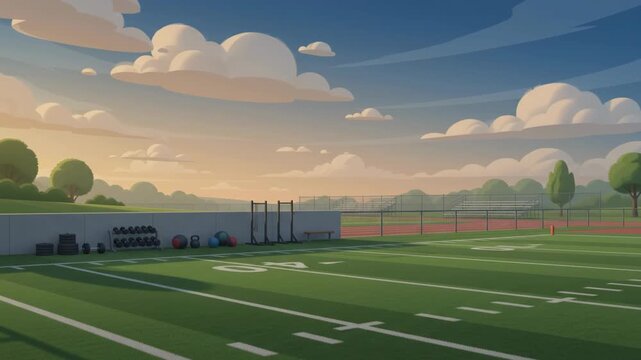 Empty outdoor sports field with green grass and cloudy sky at sunrise.