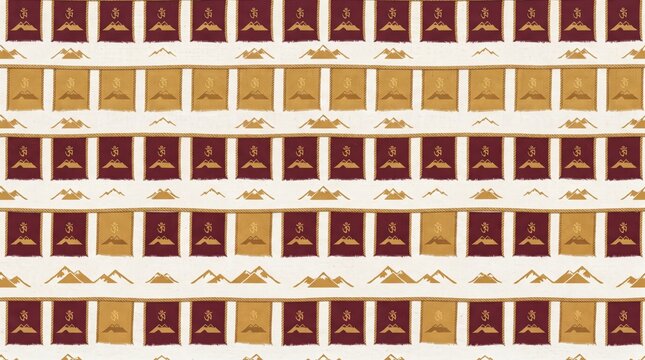 Nepal patterns: rows of red and golden banners with mountain motifs nepalese mountain seamless background wallpaper handmade