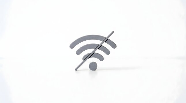 Geometric wifi icon with deliberate crossing line on white background, intentional disconnection and digital detox choice concept art horizontal with copy space