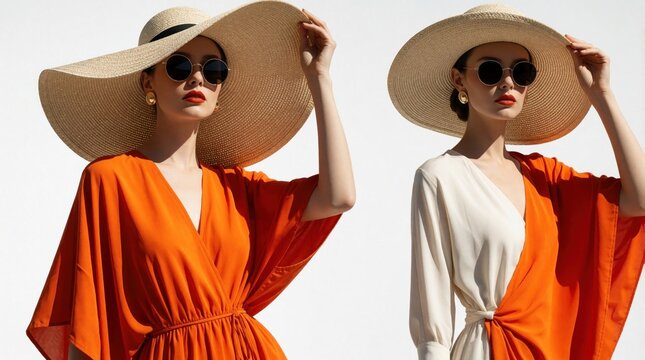 Two women model chic summer outfits. One wears orange dress and straw hat, accessorized with sunglasses and gold earrings. Other wears cream and orange dress, also with large hat and sunglasses.