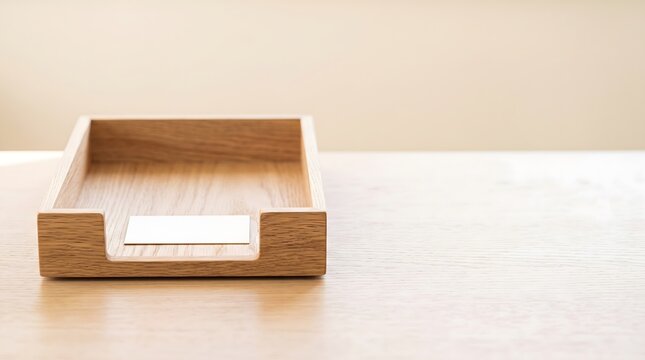 Empty wooden inbox tray with resting card on wooden desk, pausing work communication and email boundaries concept art horizontal with copy space