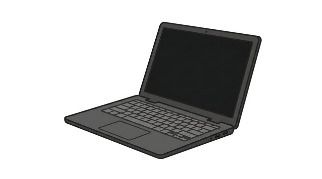 Modern dark grey laptop computer with a black screen and keyboard open and ready for use PNG Isolated on transparent background