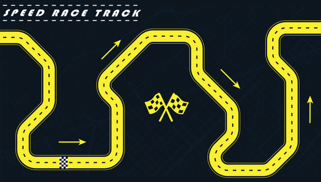Road track or Race track in yellow color isolated on dark background with a street map.