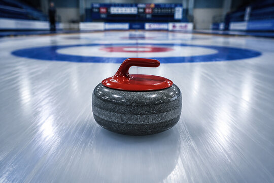 Granite curling stone sliding down an ice sheet towards the target, motion blur.