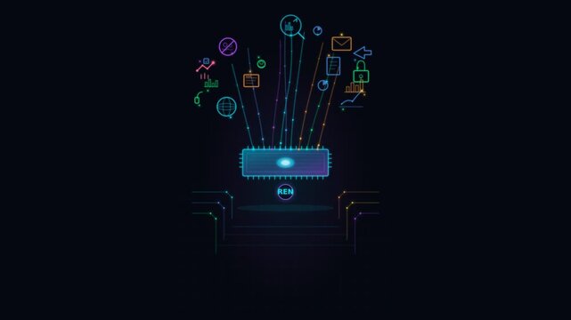 Glowing digital data processing and artificial intelligence network concept