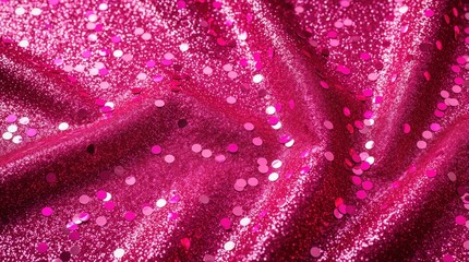Naklejka premium Close-up view of shiny fabric with pink glitter and confetti. Textured material reflects light creating a festive glamorous surface for parties.