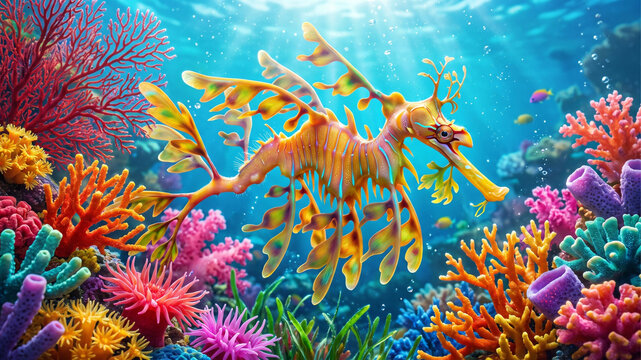 Leafy seadragon floating in reef wallpaper