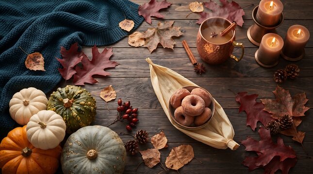 Autumn flatlay with pumpkins hot drink donuts and fall leaves