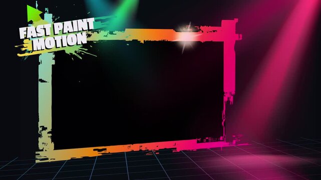 A vibrant, grunge-textured rectangular frame, illuminated by colorful spotlights, stands against a dark grid background, suggesting a dynamic stage or presentation space with ample room for content.