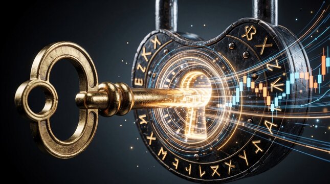 Golden key unlocks digital padlock with glowing tech symbols. Cyber security concept shows data protection, encryption access. High tech lock protects private info via secure code on dark background.