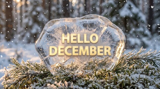 Hello December Ice Block Glowing Text in Winter Forest Background