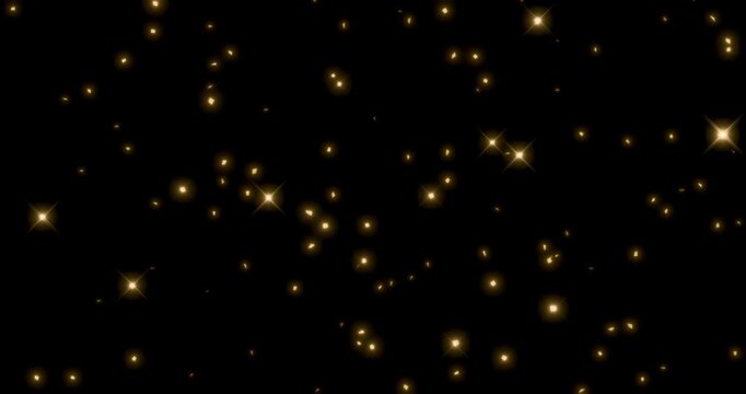 Glittering gold particle splashing in black background. Sparkling light streaks glow dust effect. 4K 3D rendering animation.