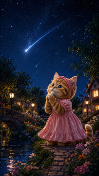 A cute orange kitten in a pink dress and headband gazes at a meteor shower over a charming village at night, surrounded by blooming flowers, glowing lanterns, a stone bridge, and a peaceful stream.