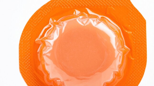 Close up of orange condom in foil wrapper on white background. Single latex contraceptive pack for safe sex, pregnancy prevention. Contraception product shows texture, reservoir tip for protection,