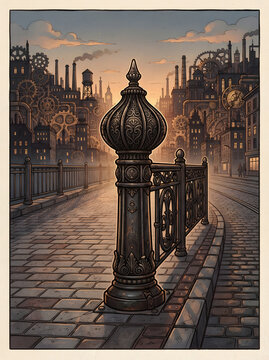 Steampunk city bridge railing with decorative post and industrial gear background for fantasy urban concepts.