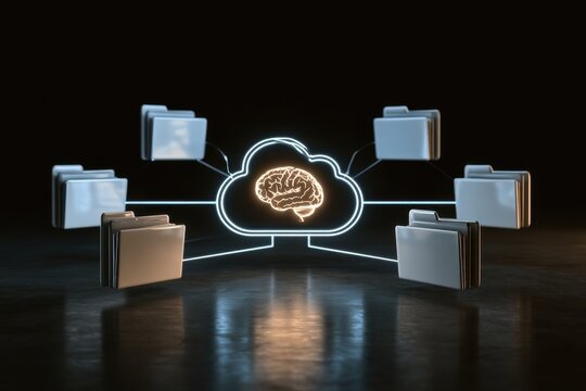 AI cloud computing with brain icon and digital document folders