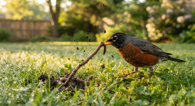 American robin pulling an earthworm from the ground in a green grassy garden