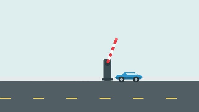 2D Flat Animation of a Blue Car Passing Through an Automatic Road Barrier Gate on a Highway