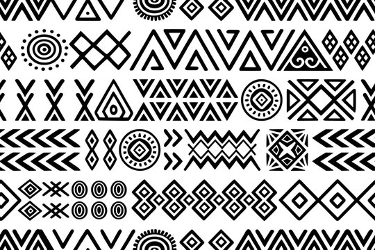 Seamless ethnic pattern, hand-drawn ethnic geometric elements, African or Indian style tribal pattern, isolated on white background, vector print