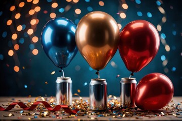 Naklejka premium Shiny balloons float above soda cans on a table with confetti. Festive lights create a bokeh background for this celebration still life scene, perfect for parties or holidays.