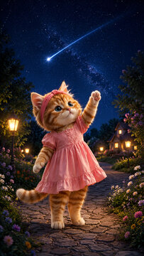 A cute orange kitten in a pink dress reaches toward a bright shooting star beneath a spectacular Milky Way sky, standing on a flower-lined cobblestone path in a charming, warmly illuminated village...