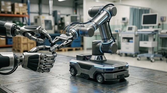Humanoid robot hand, articulated arm, autonomous mobile platform, and precision gripper with factory and hospital cues