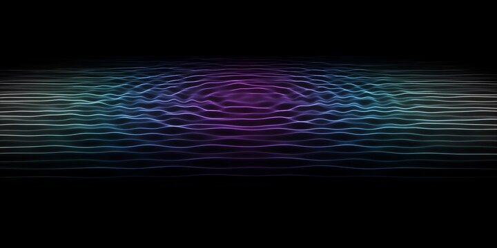 Vibrant neon glowing abstract digital ripples in glowing magenta and cyan colors across dark moody background, futuristic technology concept for corporate design.