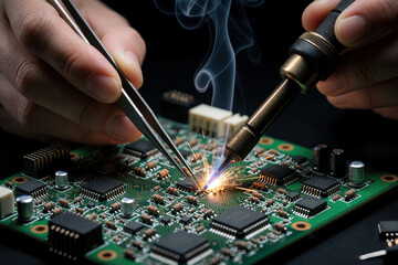 Close up of hands using soldering iron, tweezers to fix electronic circuit board. Technician performs precise repair work on green pcb with smoke rising from hot metal tip. Pro engineer works on
