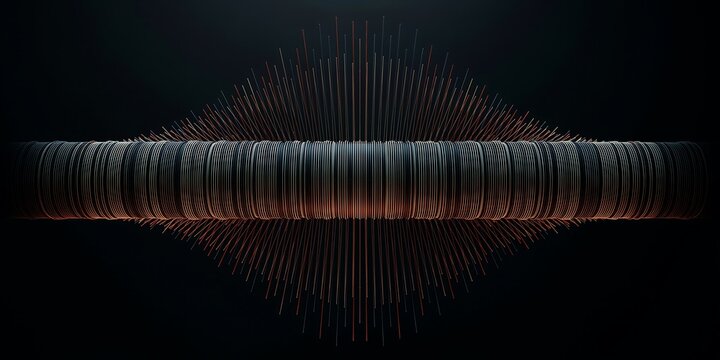 Stunning dark abstract futuristic 3D render featuring vibrant glowing orange and sleek grey vertical metallic spikes radiating outward against a deep black background.